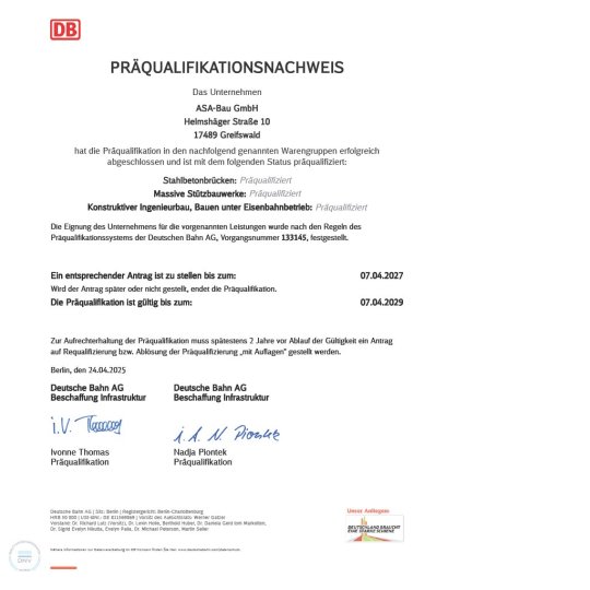 Präqualifizierungsurkunde DB AG 2025